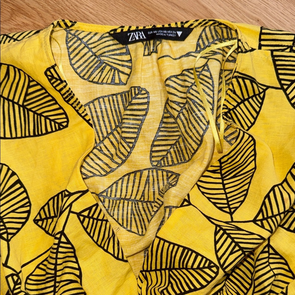 Zara Yellow Leaf-Print Drawstring Crop Top V-Neck Linen Cotton XS - Picture 2 of 7